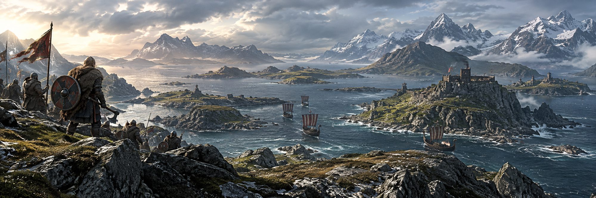 A wide view over a chain of rocky isles and a fjord, with longships sailing toward a fortress on a cliff and warriors looking on from the shore.